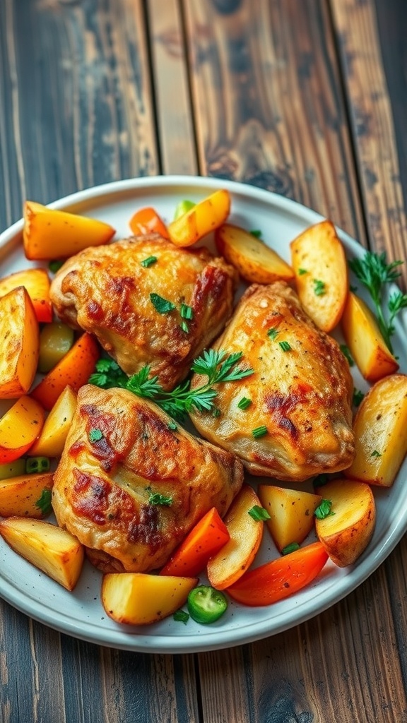 A colorful plate of air-fried chicken, potato wedges, and mixed vegetables.
